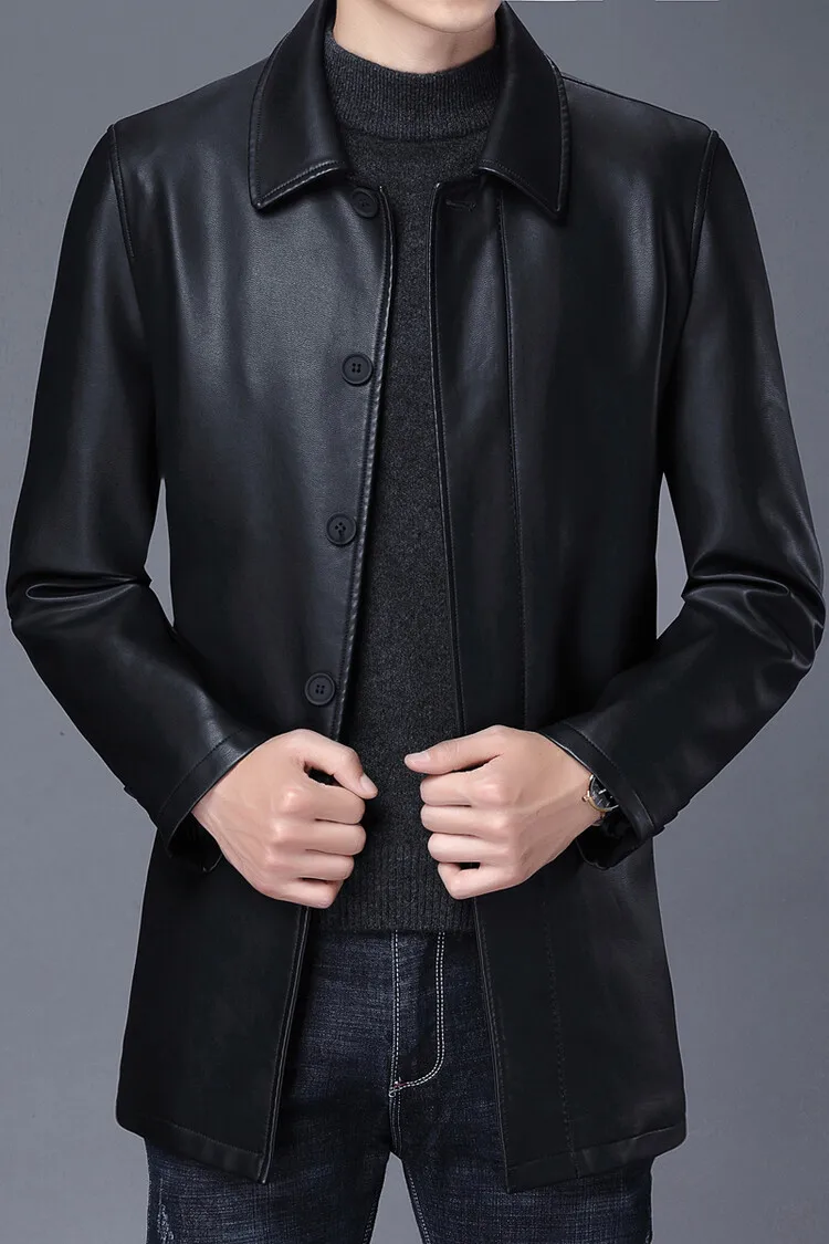 

Men's Winter Velvet Lapel Mid-Length Imitation Leather Jacket