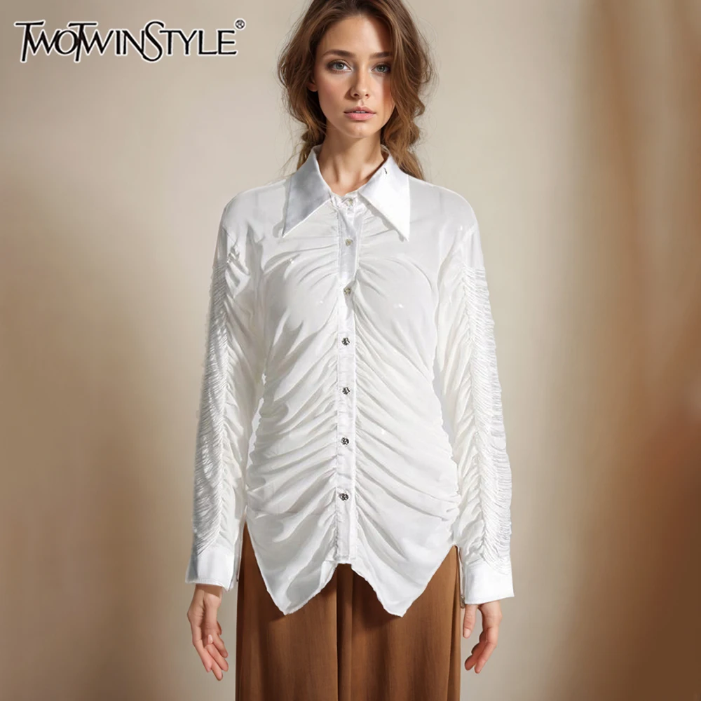 

TWOTWINSTYLE Solid Spliced Folds Slim Shirts For Women Lapel Long Sleeve Spliced Single Breasted Casual Blouse Female Fashion