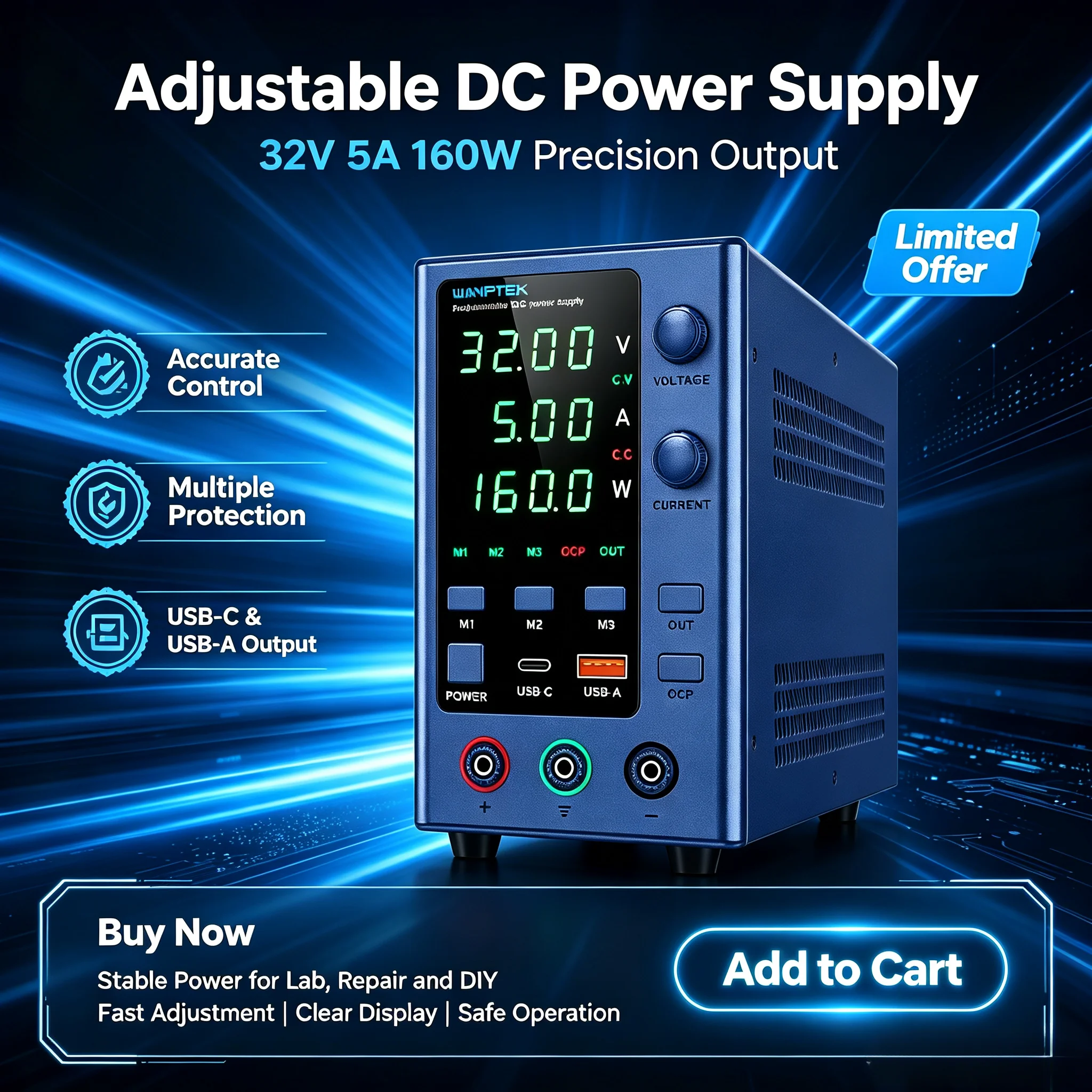 WANPTEK EPS3210 Adjustable DC Bench Power Supply 32V 10A 320W CV‑CC Regulator USB‑C USB‑A for Lab Repair DIY