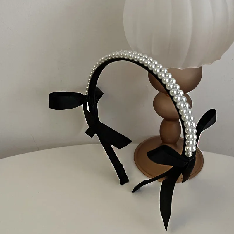 Vintage French Pearls Bow Hair Band for Women Girls 2022 Autumn Winter Korean Elegant Black Classic Hair hoop Hair Jewelry