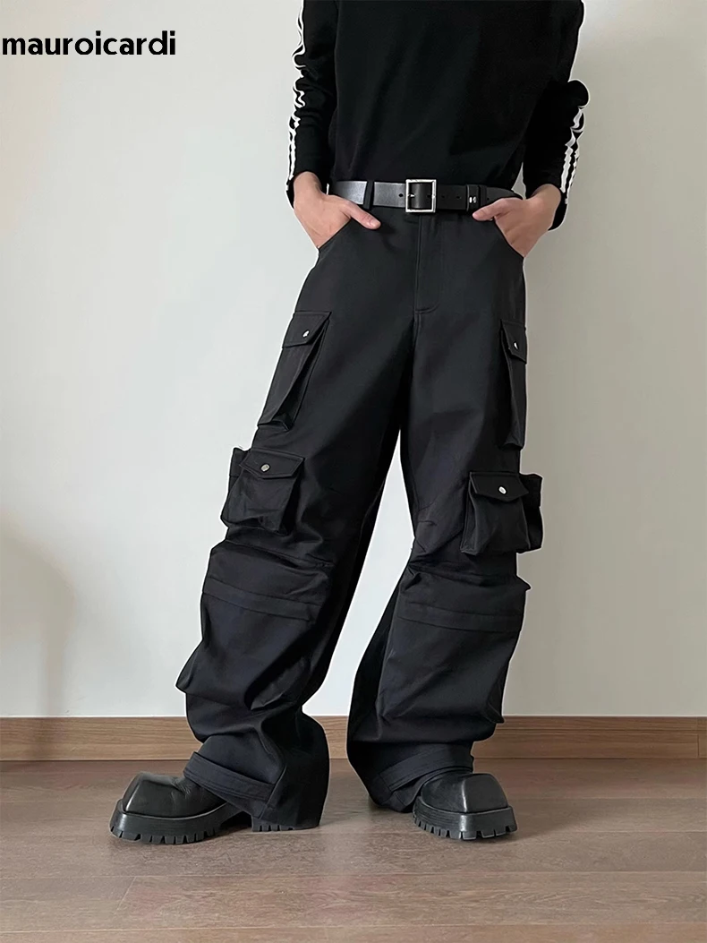 Mauroicardi Spring Autumn Cool Black Wide Leg Cargo Pants Multi Pockets Long Techwear Clothes Handsome Trousers Streetwear 2023