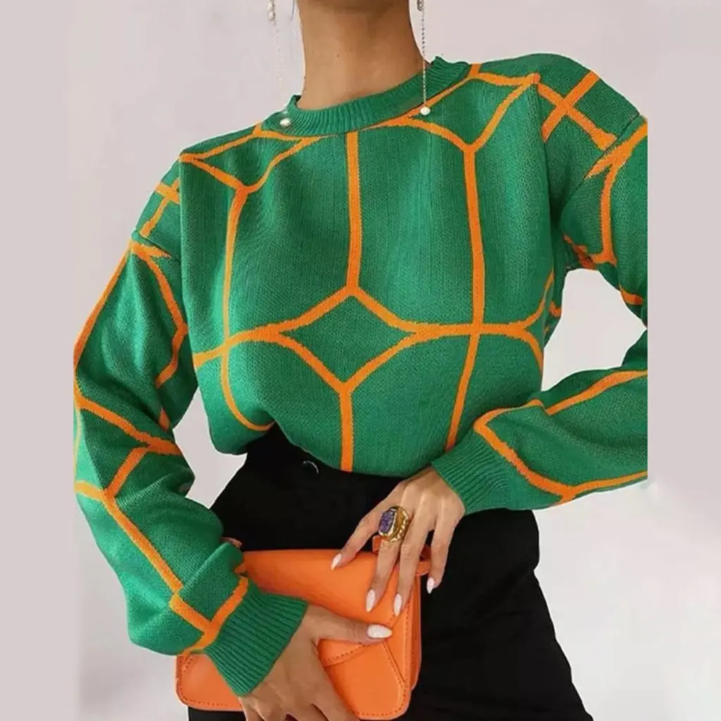 

Women's Geometric Lines Jacquard Knitted Top round Neck Long-Sleeved Knitwear for Autumn Winter European American Style