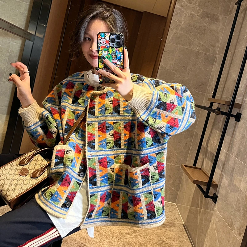 

Korean Style 2025 New Arrival Autumn Women Single Breasted Loose Cardigan Casual O-neck Long Sleeve Knitted Print Sweater P01