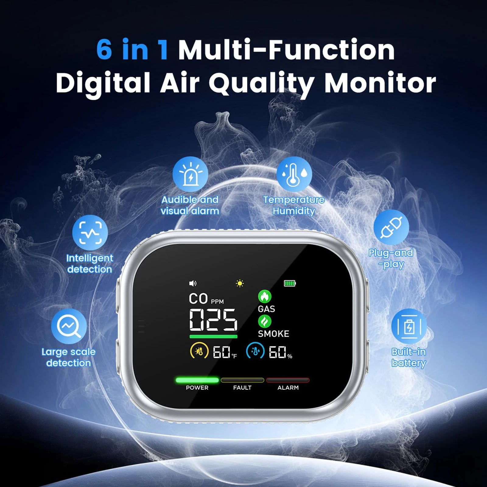5 In 1 Carbon Monoxide Detector Plug-In Intelligent Gas Monitoring Tool Temperature and Humidity Monitor for Homes and RVs