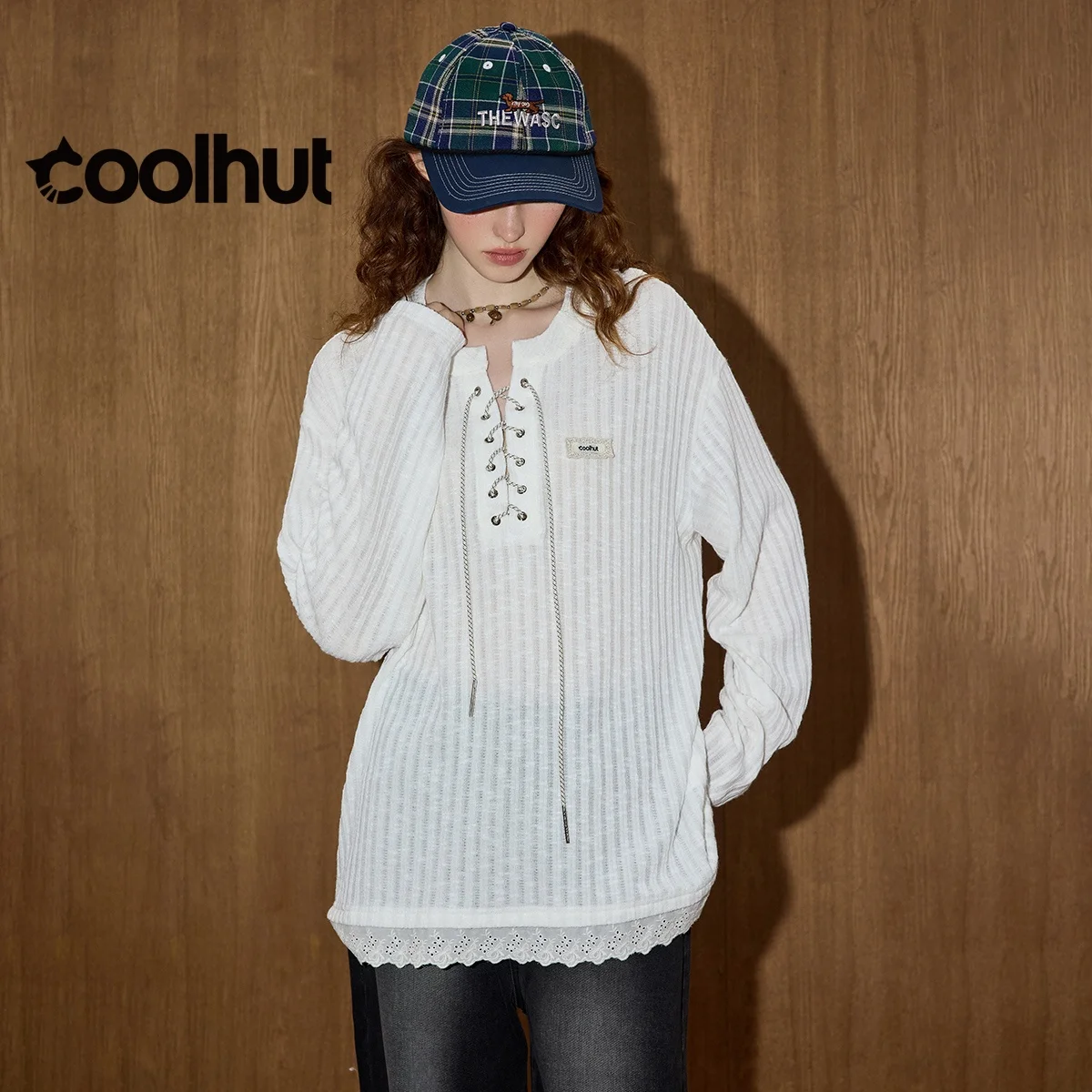 

COOLHUT Brand Designer Women's 2025 American Vintage Lace Up Knit Top Boho Loose Fit Openwork Casual Fall Blouse Contrast Trim
