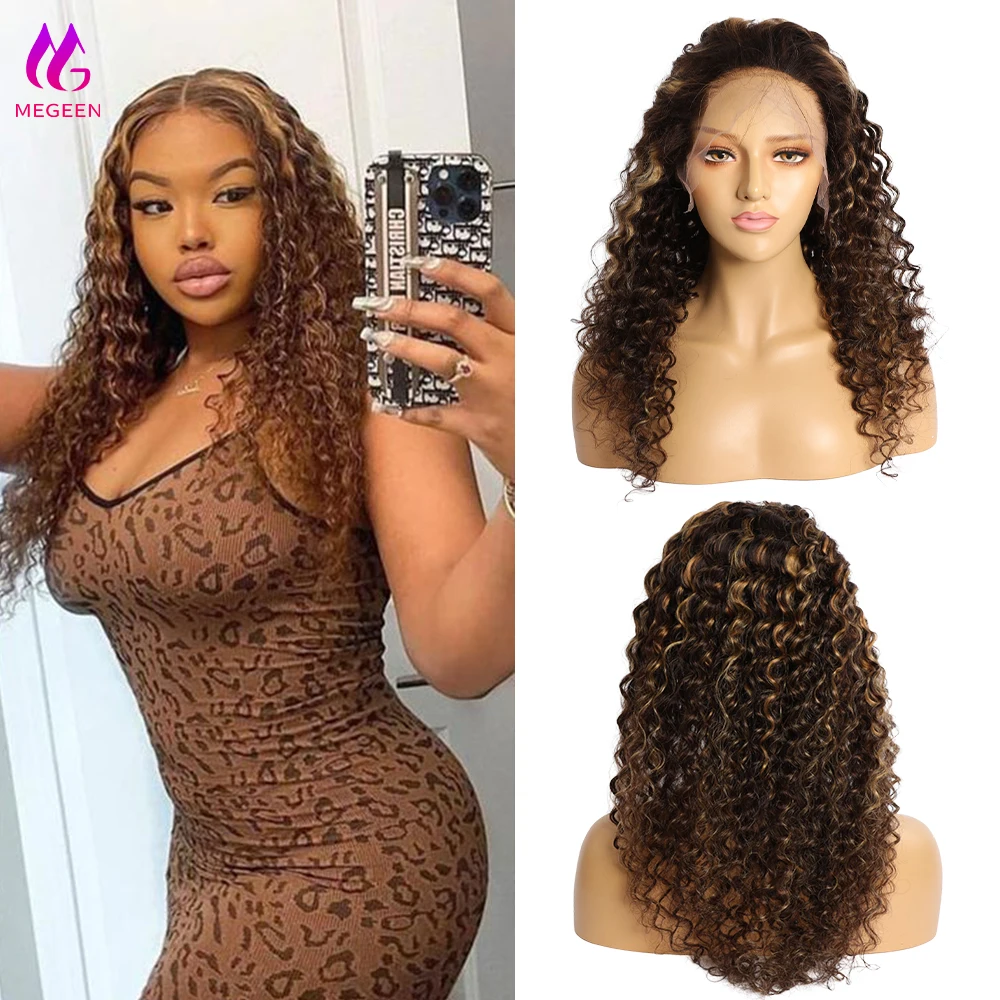 Megeen 13x4 HD parrucca frontale in pizzo evidenziare onda profonda parrucca anteriore in pizzo trasparente capelli umani con capelli del bambino P4/27 capelli vergini ricci