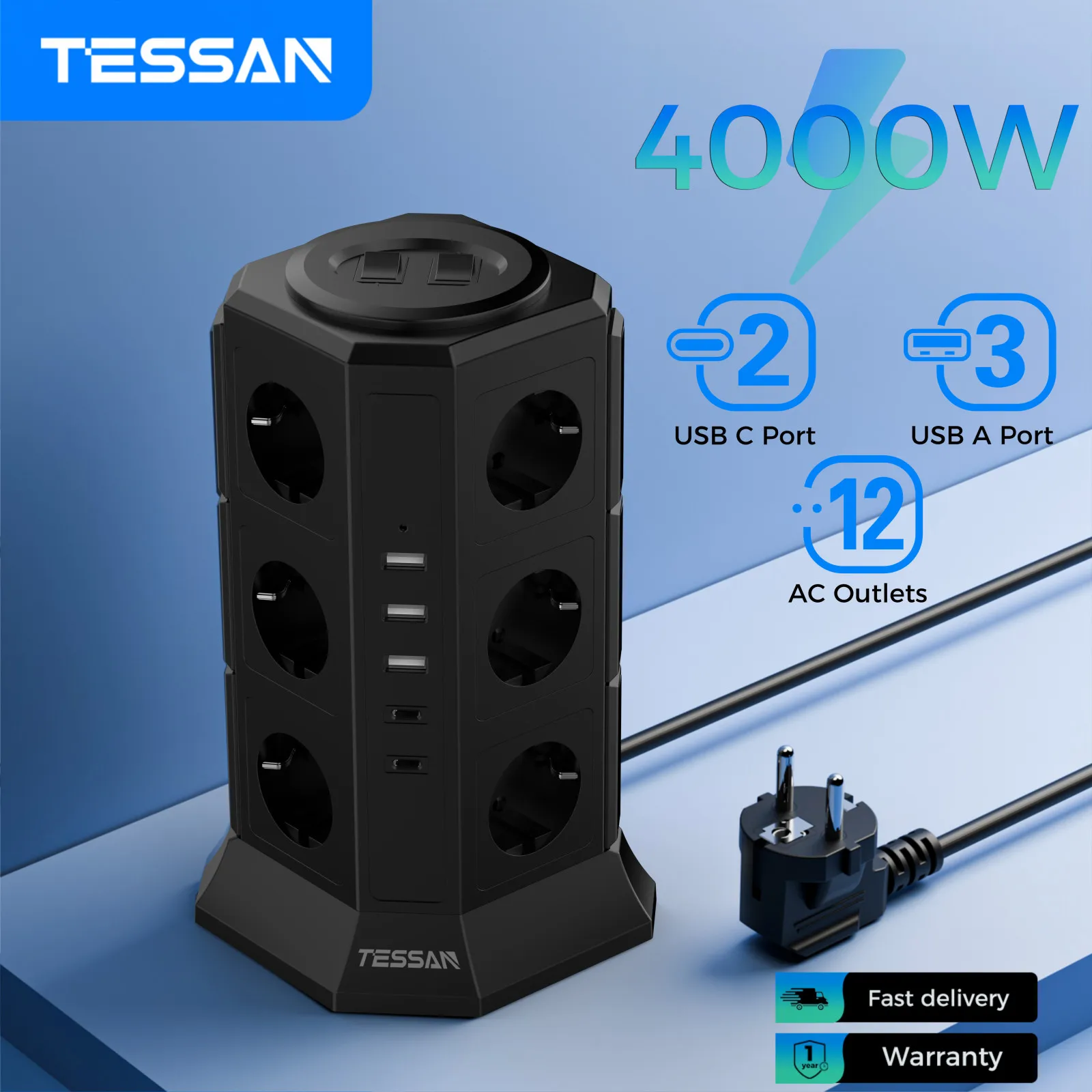 

TESSAN Multiple Socket Power Strip with 12 Outlet +3 USB +2 Type C EU Plug Tower Electric Socket with 2 Switch 2M Extension Cord