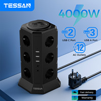 TESSAN Multiple Socket Power Strip with 12 Outlet +3 USB +2 Type C EU Plug Tower Electric Socket with 2 Switch 2M Extension Cord