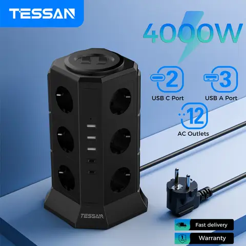 TESSAN 멀티 소켓 전원 스트립 12개 콘센트 +3 USB +2 타입 C EU 플러그 타워 전기 소켓 2개 스위치 2M 연장 코드 포함