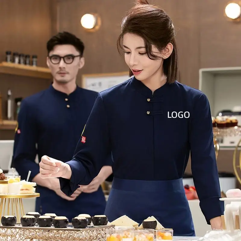 Chinese Style Buckle Chef's Work Clothes Men Awomen Chinese Restaurant Bakery Cake Shop Chef's Work Clothes Embroidered Printed