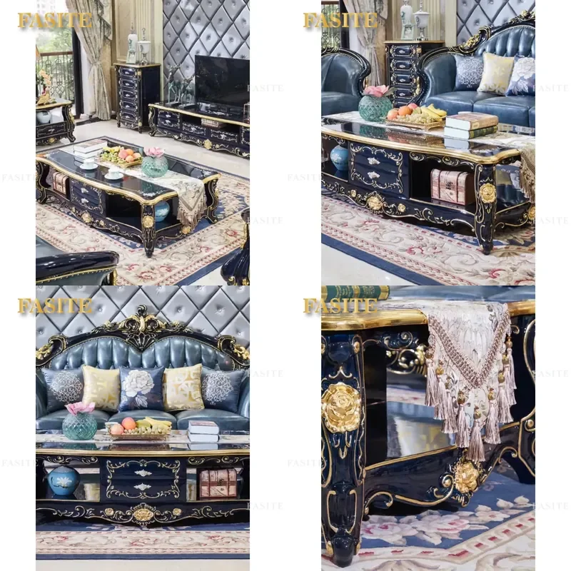 For European Style Solid Wood Marble Coffee Table Living Room Furniture Set with Carving Design Simple Modern Storage Space
