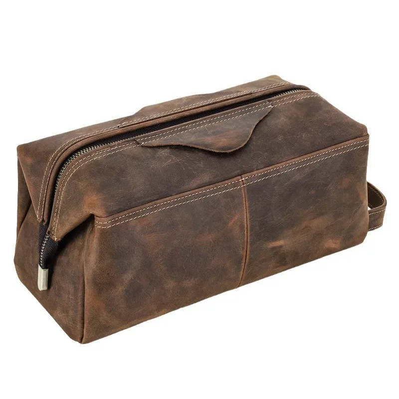 

Retro Crazy Horse Leather Large Capacity Toilet Bag Travel Portable Leather Phone Data Cable Storage Bag