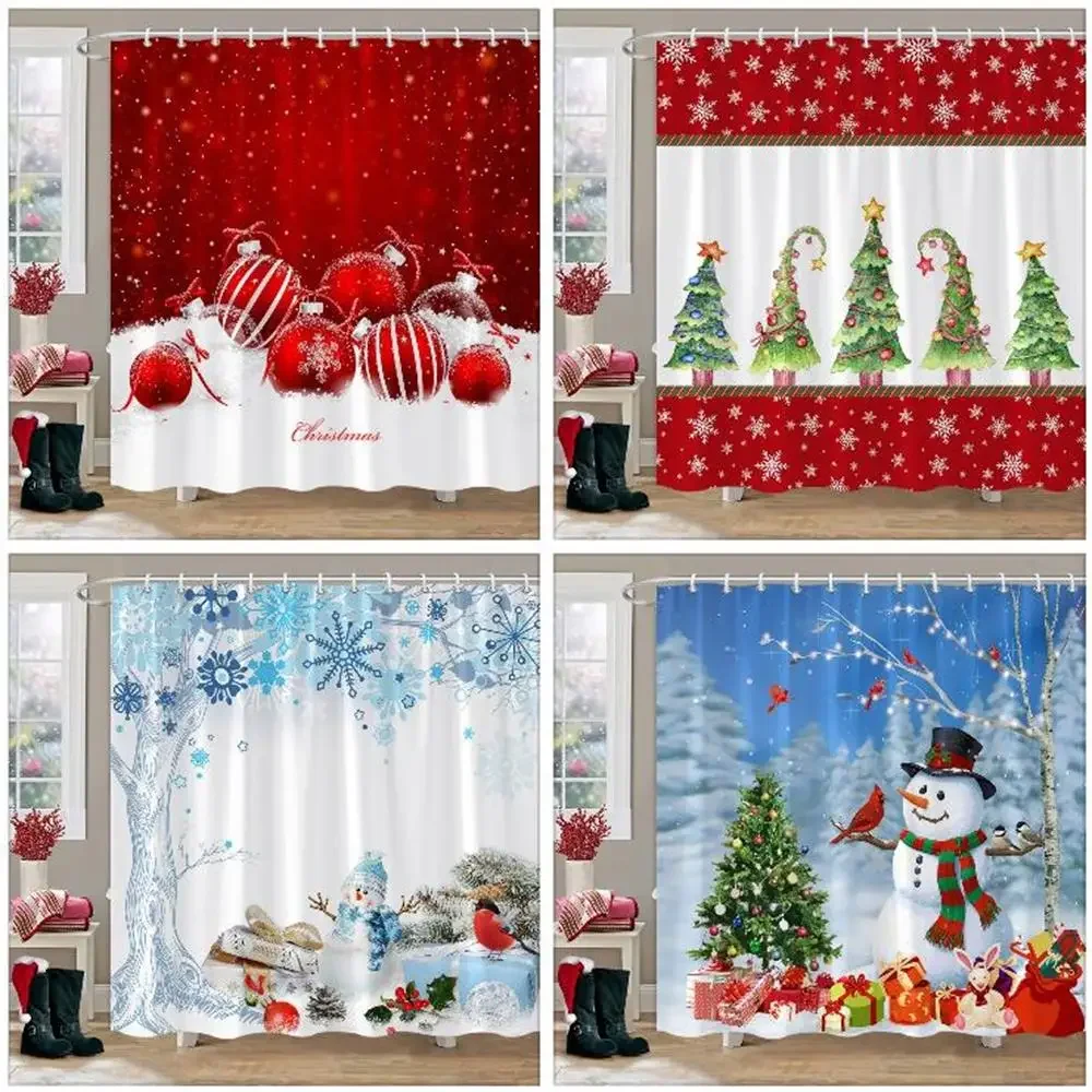 Christmas Gift Theme Shower Curtains Snowman Christmas Tree Mascot Ball Happy New Year Washable Home Bath Curtain Bathroom Decor