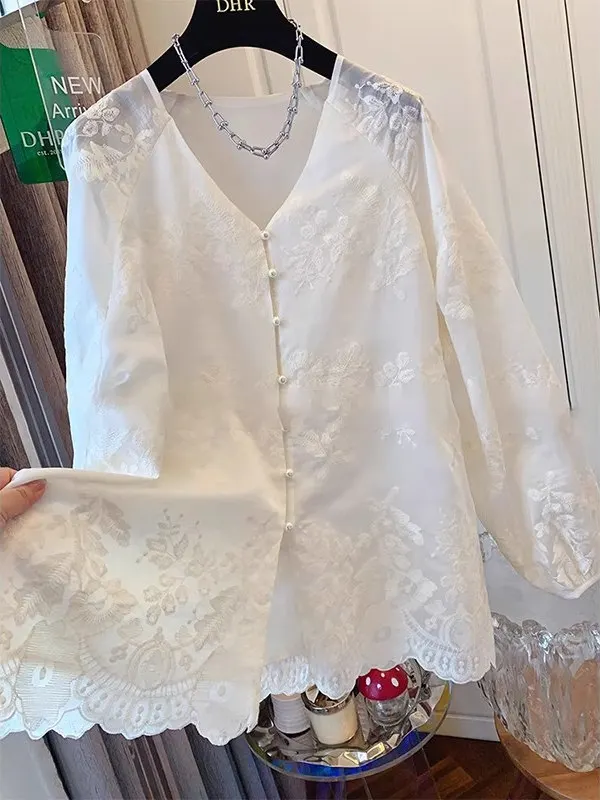 Ele Embroidered Lace irt Summer High-End Feeling Large Size New Chinese Sle National Trend Loose Fit Women's irt