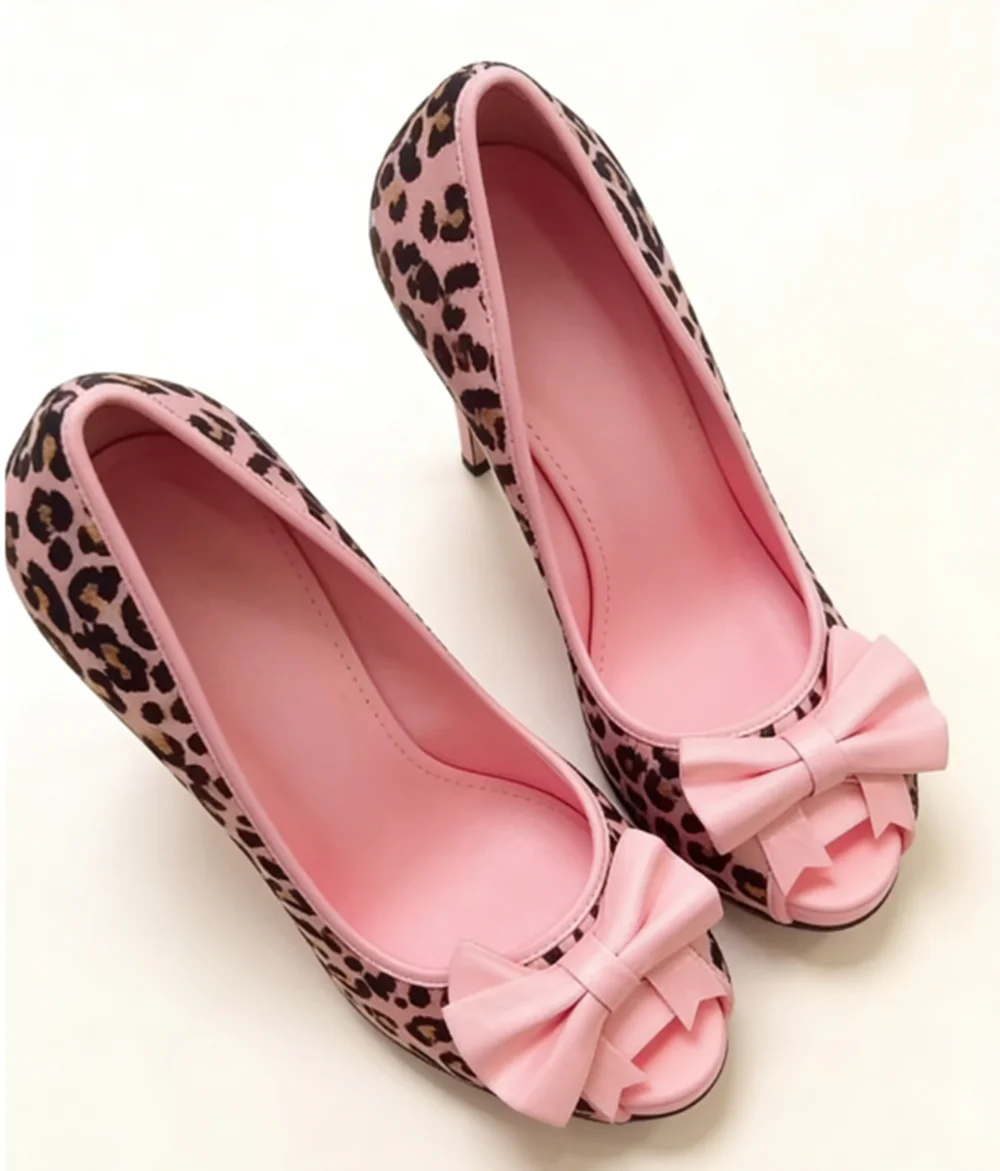 

Sexy Pink Leopard Print Platform Pumps Leather Bow Detail Peep Toe Stiletto Heel Retro Y2K Style Playful Women's High Heels