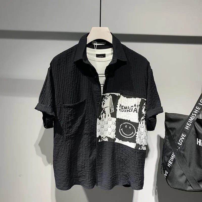 Fashion Lapel Spliced Pockets Printed Shirts Men\'s Clothing 2023 Summer New Oversized Casual Tops Short Sleeve Loose Shirt