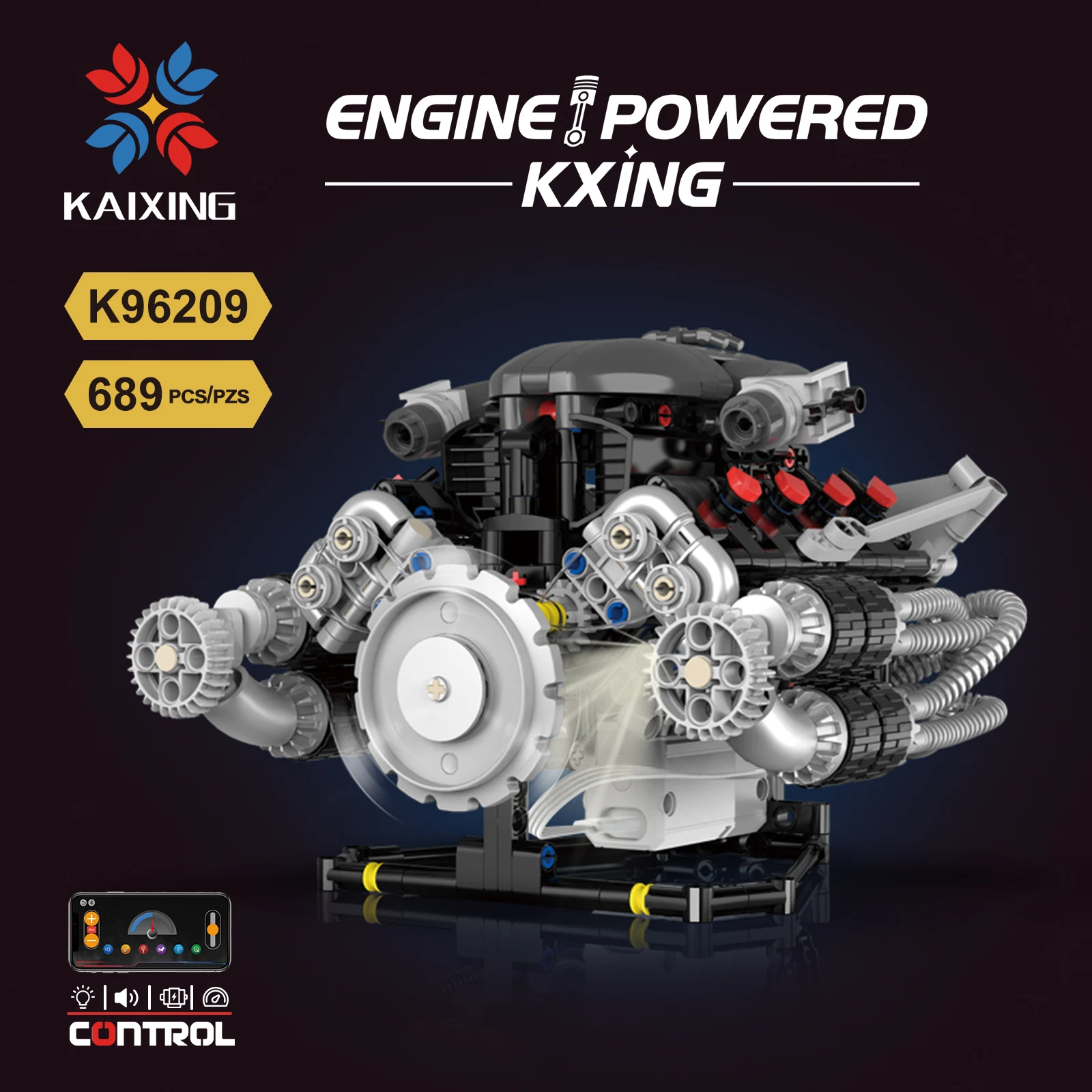 K96209 689pcs Supercar Simulation V8 Engine Building Blocks Model with Light App Programmable Bricks Toys for Kids Boys