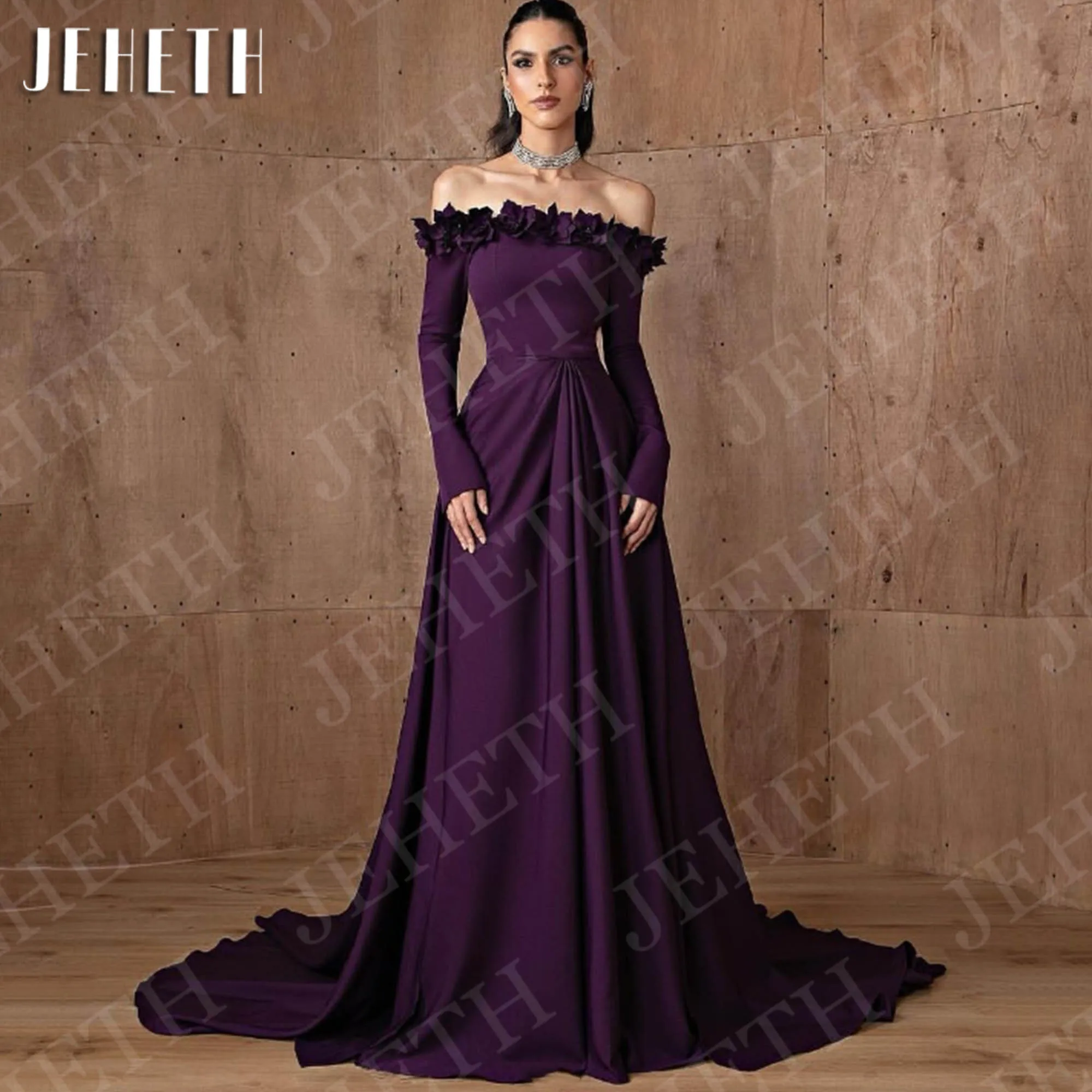 JEHETH Off Shoulder Long Sleeves Evening Dresses for Woman Floral Elegant Purple Special Occasion Dress Customized فساتين سهره