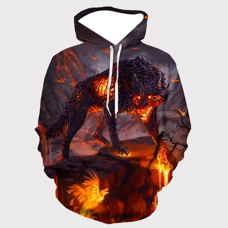 Men's Fiery Wolf Graphic Hoodie Design Long Sleeve  Costumes Casual Hooded Sweatshirt Hoodie Men Women's Hoodie Kids Hoodie