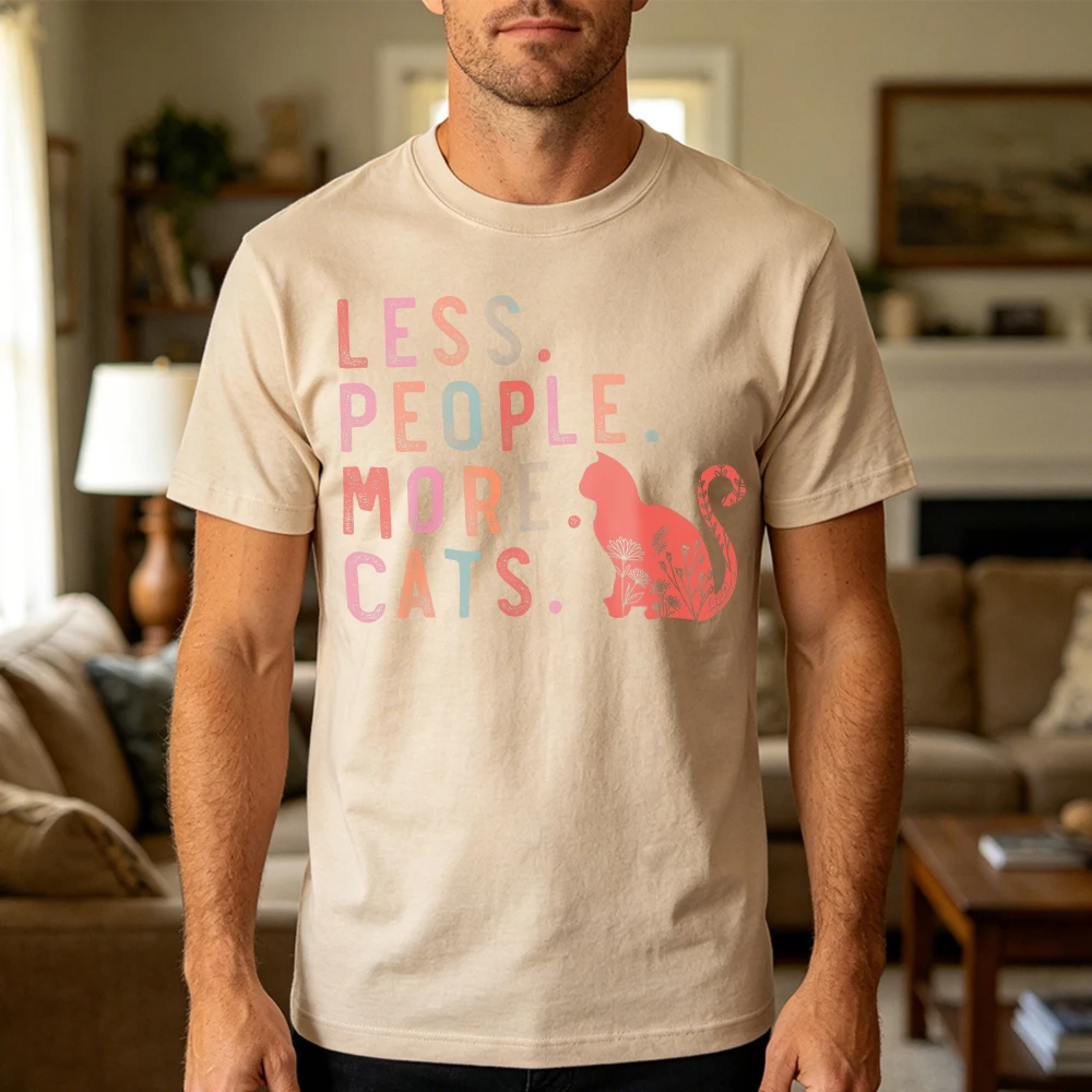 Less People More Cats Silhouette Men T Shirt Summer Introvert Humor Slogan Tee Feline Lover Minimalist Print Clothing