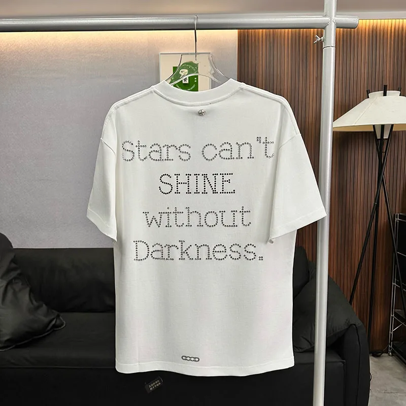 Surrounding The Moon Hotfix Rhinestone Letter Round Neck Short Sleeve Tops Men Women Breathable Tees Summer GOODBRAND Tshirts