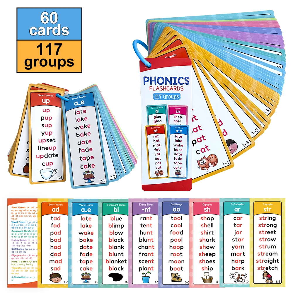 

117groups Children's Phonics Flash Cards English Learning Spelling Materials CVC Blends Digraphs Long Vowel Kid Learning Toys