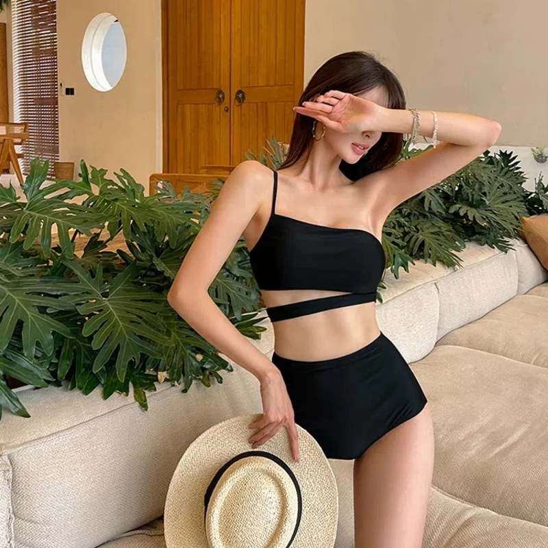 Sexy One Shoulder Bikinis 2024 Women\'s Swimwear High Waist Female Swimsuit Black Bathing Suits Girls Korean Bikini Set Beachwear