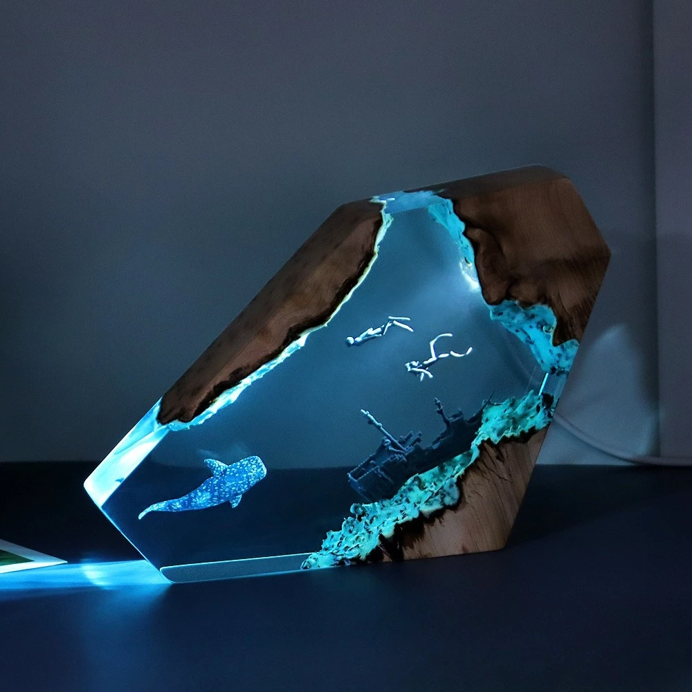 Sunken Ship Shark and Whale Marine Art Ornaments Home Bedroom Office Desktop Decorations Solid Wood Resin Luminous Ornaments