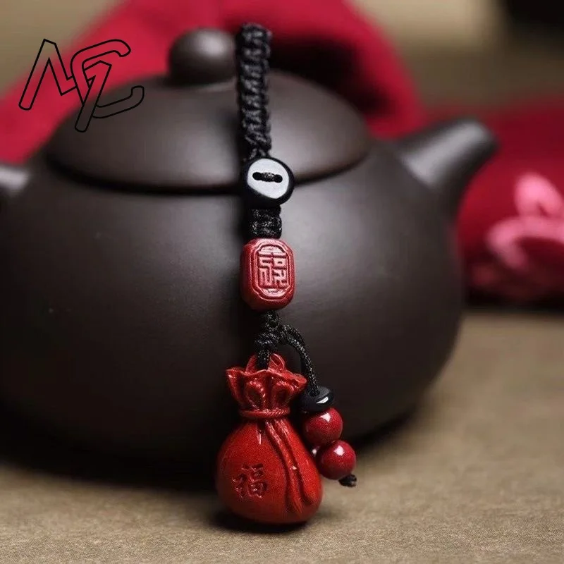 Natural Cinnabar Money Bag Keychain, Lucky Fortune Bag Pendant Handmade Braided Rope Key Ring Ethnic Charm Jewelry Gift