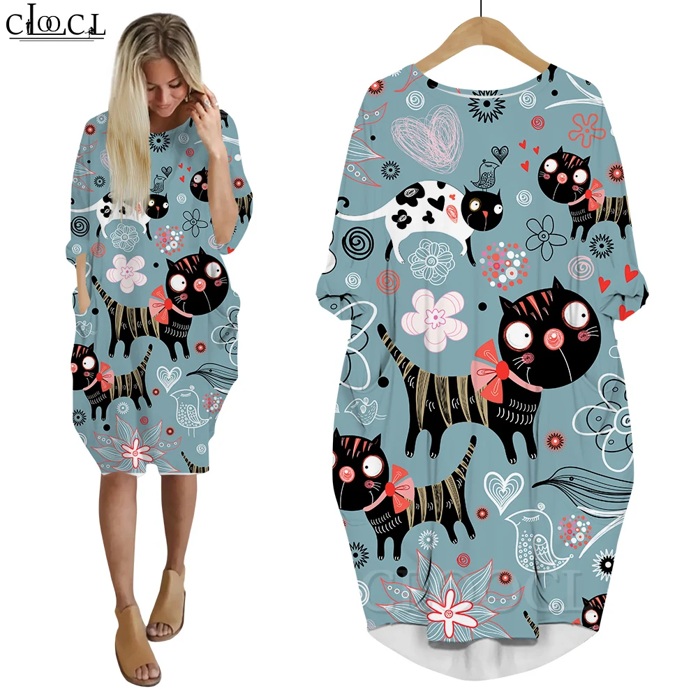 

CLOOCL Baggy Dress Female Gown Pocket Dresses Long Sleeves Autumn New Kitten Flower Painting Printing Soft Cozy Mid Dress