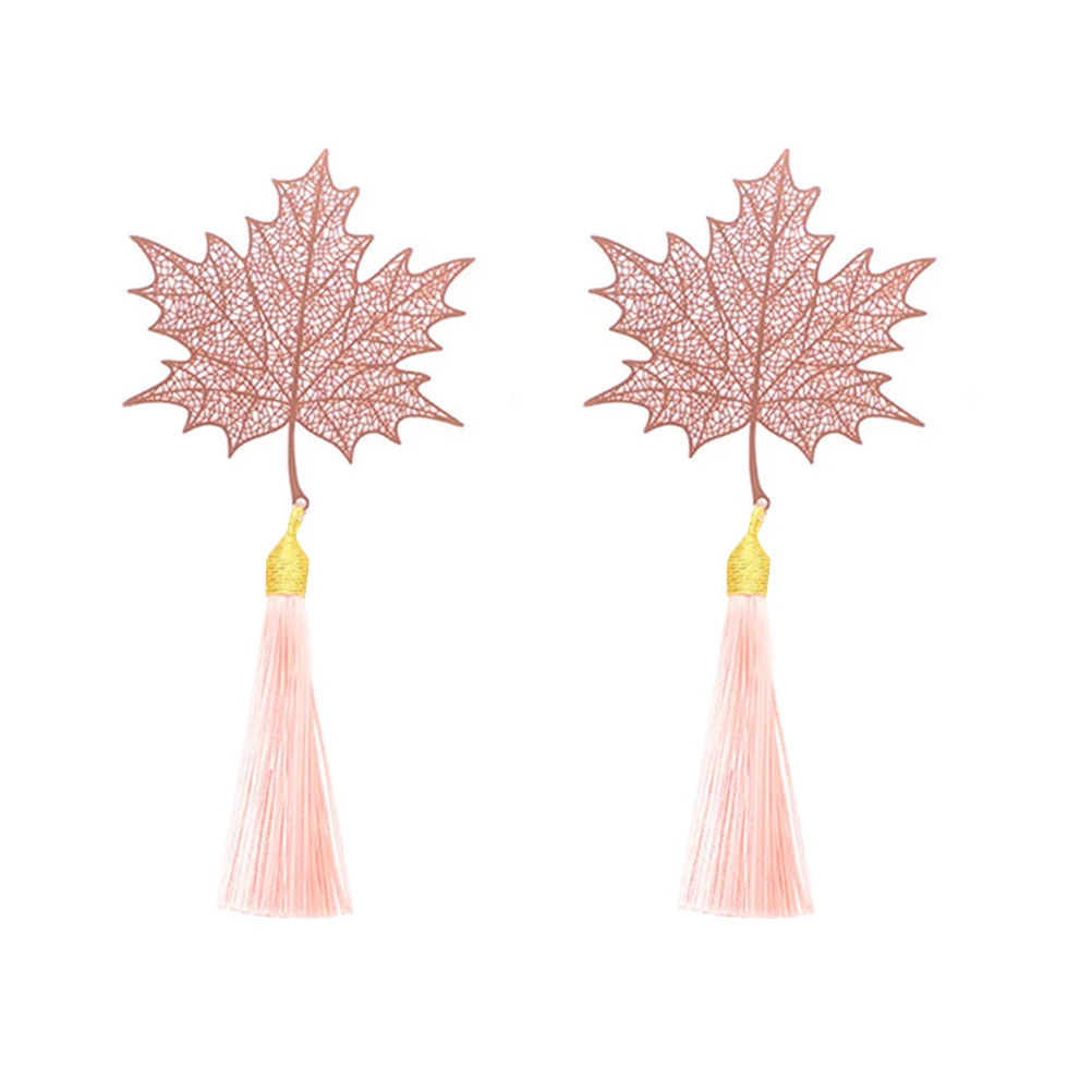 2Pcs Metal Bookmark Creative Leaf Design Exquisite Tassel Decor Stationery Book Label for Readers Students Writers Graduates