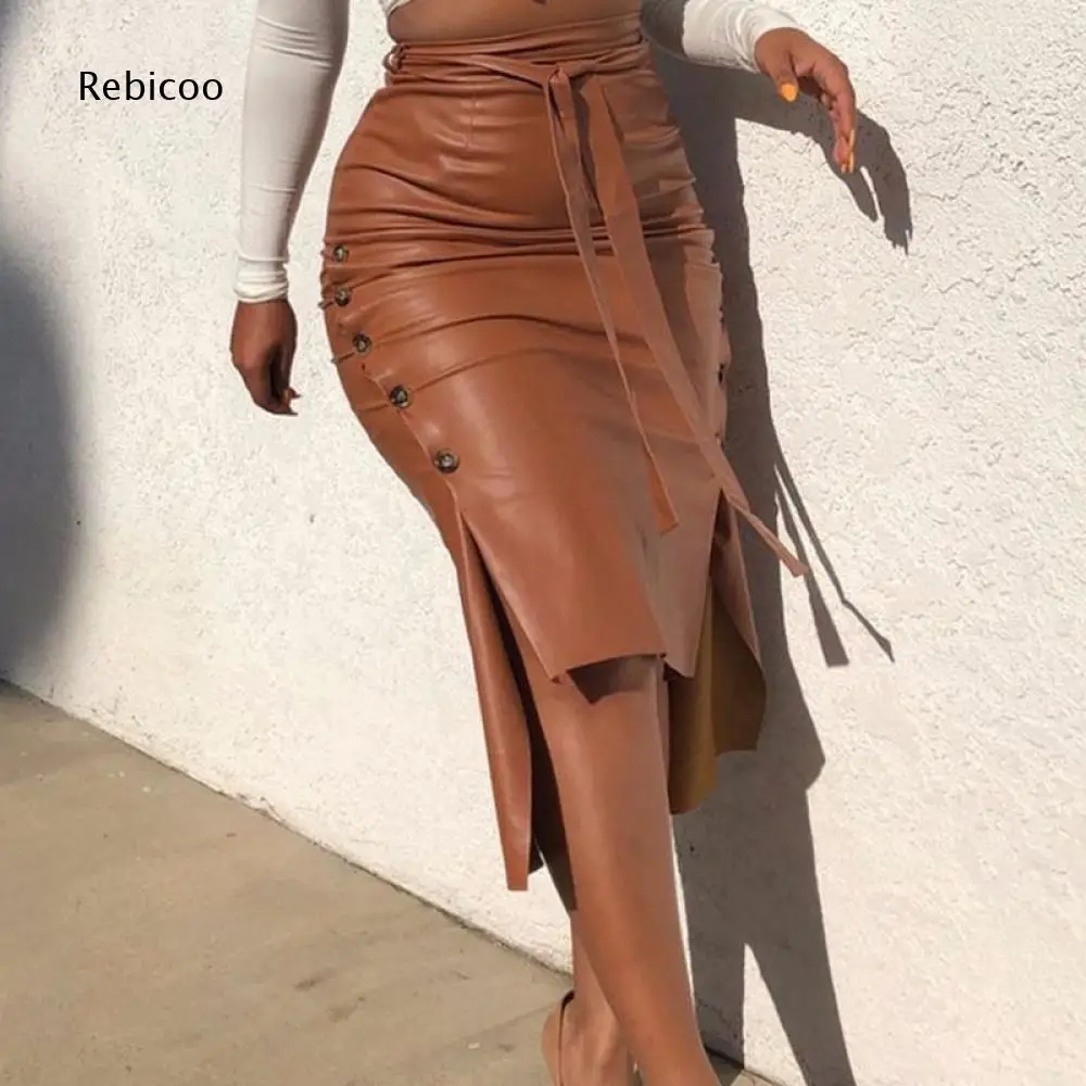 Waist Tie Button Decorated Midi Skirt Ladies Faux Leather Fabric High Slit Slim Wrap Skirt For Social Gathering And Date Looks