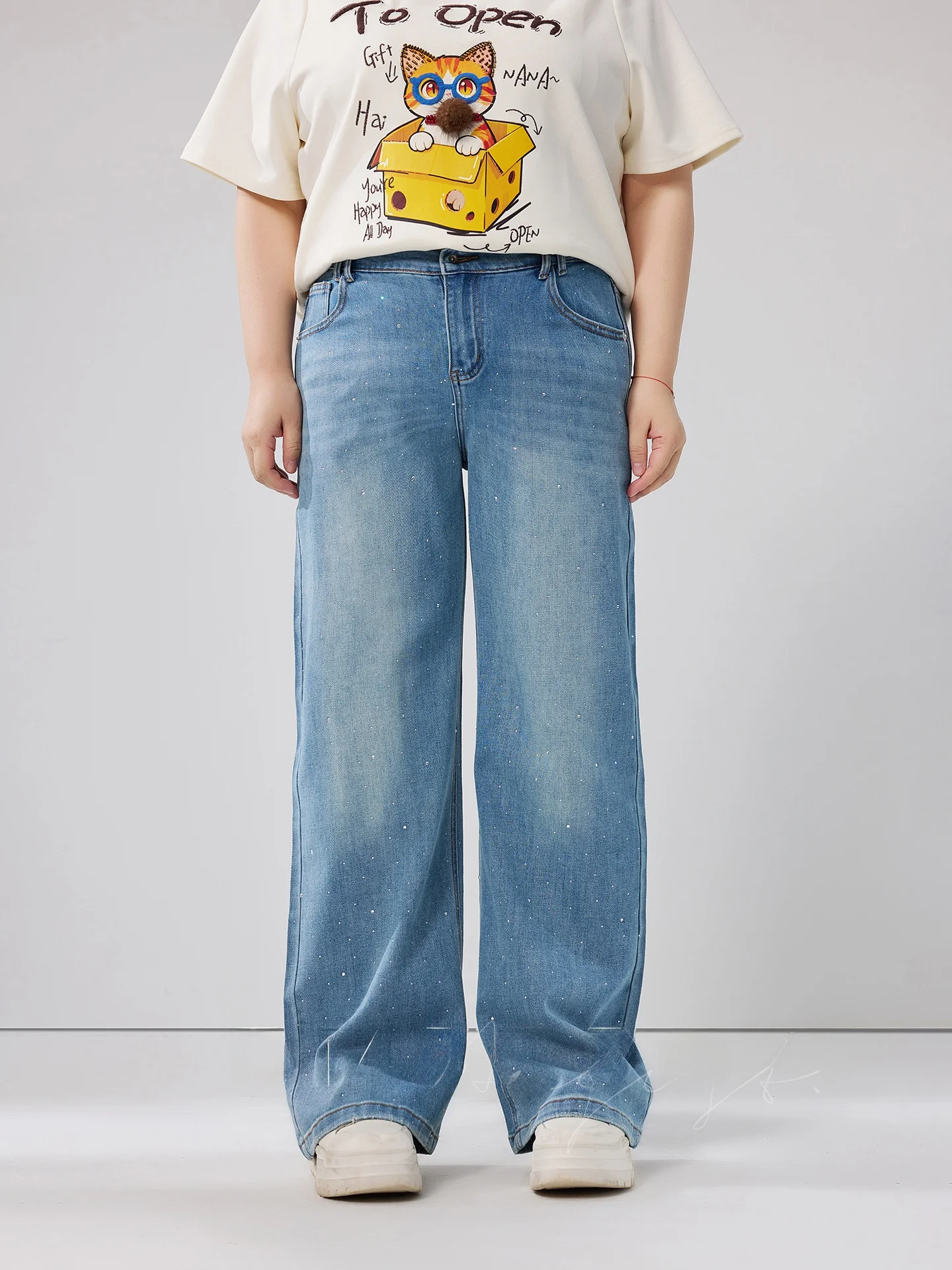 

Shiny Rhinestone Straight Leg Blue Jeans plus Size Women's Spring New Design Casual High Waist Wide Leg Denim Pants