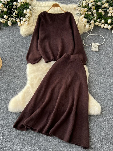 SINGREINY Autumn Casual Two Pieces Sets Women O-Neck Loose Knitting Top+Elastic Waist Large Swing Skirt Basic Korean Winter Sets