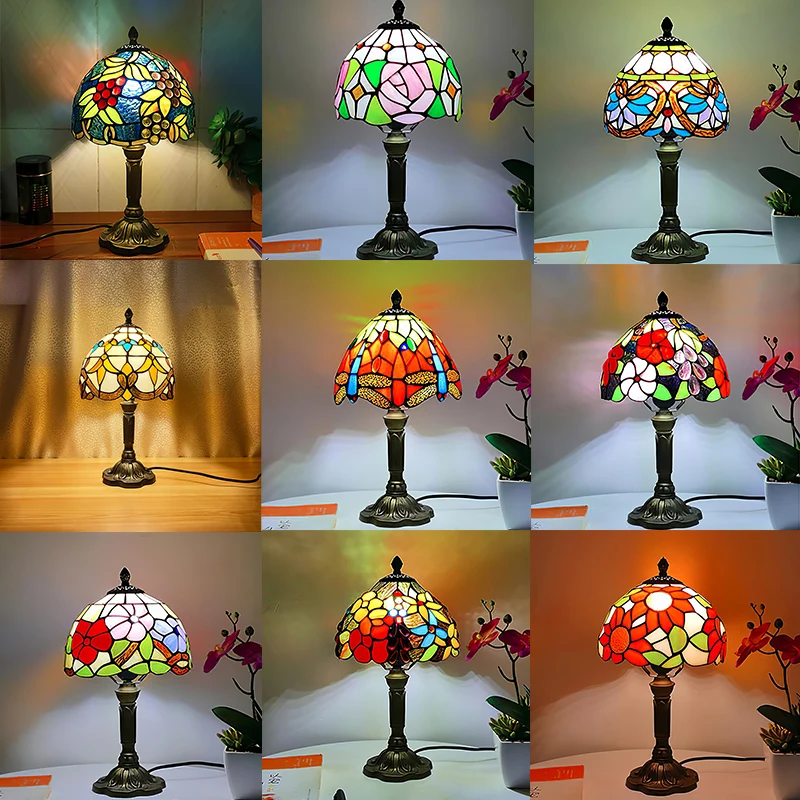 

LED Tiffany Style Table Lamp Retro Mediterranean Decorative Lights E27 Color Glass LampshadeFor Nightstand Light Bedroom Cafe