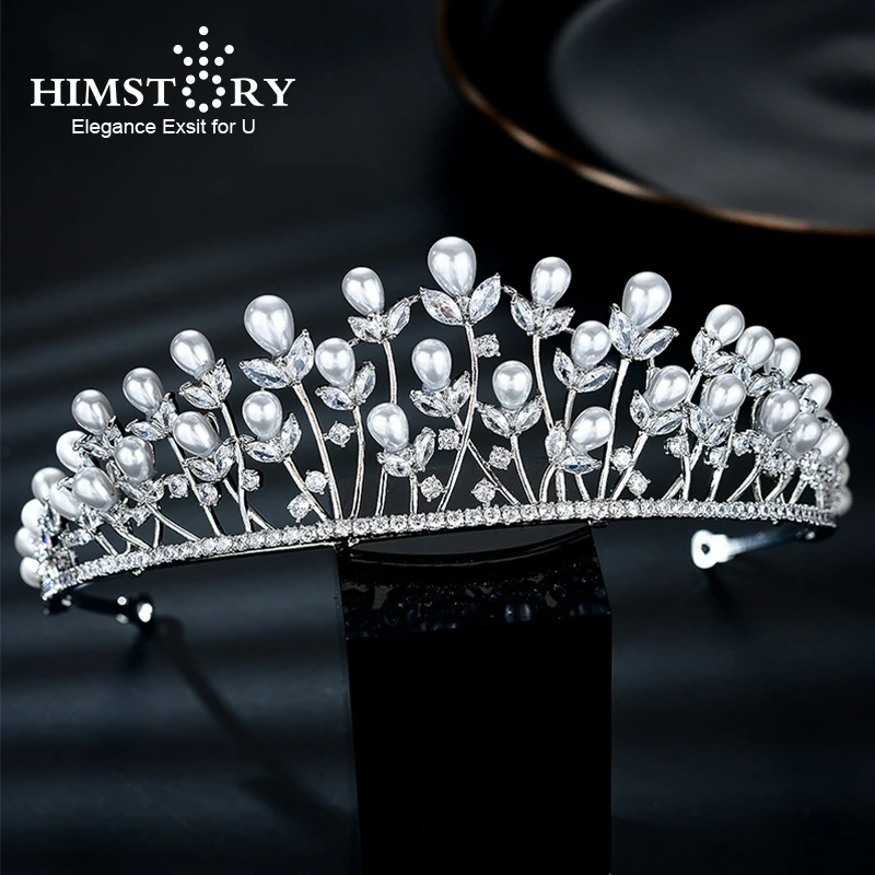 Himstory Royal Princess Wedding Tiaras Crowns Freshwater Pearls Brides Hairbands Zircon Crystal Wedding Hair Accessories Gifts