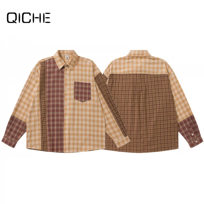 QICHE Unisex American Retro Long-Sleeve Shirt, Multi-Color Plaid with Contrasting Color Splicing, Turn-Down Collar, Loose Casual
