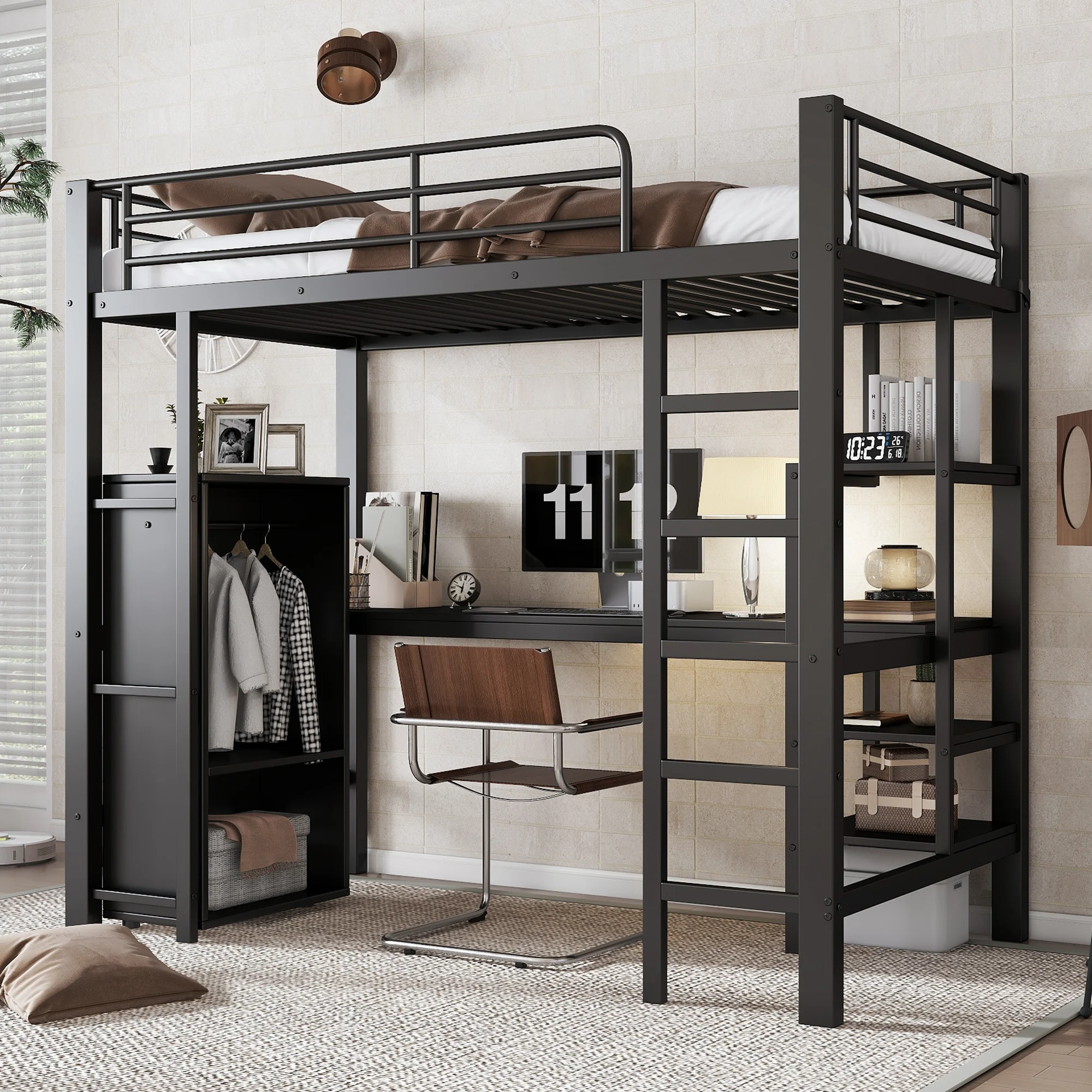 Lit en fer, lit superposé, adapté aux enfants et aux adultes, avec table et armoire, de nombreux compartiments de rangement, échelle à 5 niveaux, fer + plaque en acier, noir, 90x200 cm