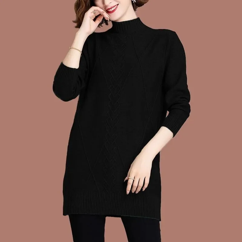 Mid Long Women\'s Half High Neck Sweater Pullover New Autumn Winter Warm Solid Knitted Sweater Jumper Female Tops Bottoming Shirt