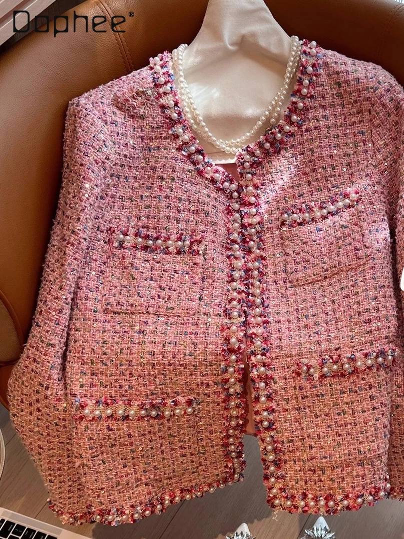 

Женские милые твидовые куртки в стиле ретро с жемчужным краем, осенние новые тканые куртки с цветочным принтом и тяжелыми бисером, свободные повседневные универсальные пальто, топ