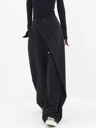 Pantalones de pierna ancha de cintura alta para mujer, pantalón Irregular de retales, informal, a la moda, negro, de longitud completa, liso, Primavera, 2023