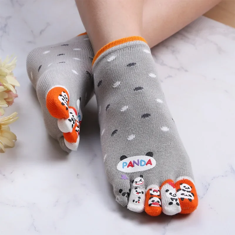 5 Pairs Five Finger Socks Toe Cartoon Pattern Cute Panda Kawaii Dots Socks Women Funny Soks