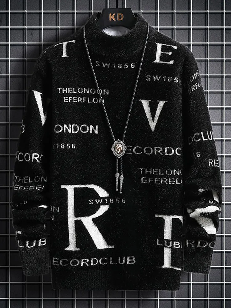 Autumn Winter Men's White Gray Mink Velvet Pullover Sweater Warm Soft Comfortable Black Blue Letter Print Inner Layer Sweater