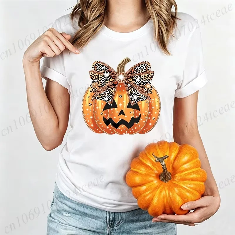 Leopard Print Evil Pumpkin Face Halloween Print Unisex T-shirt with Horror Pumpkin Head Pattern Top Style Streetwear