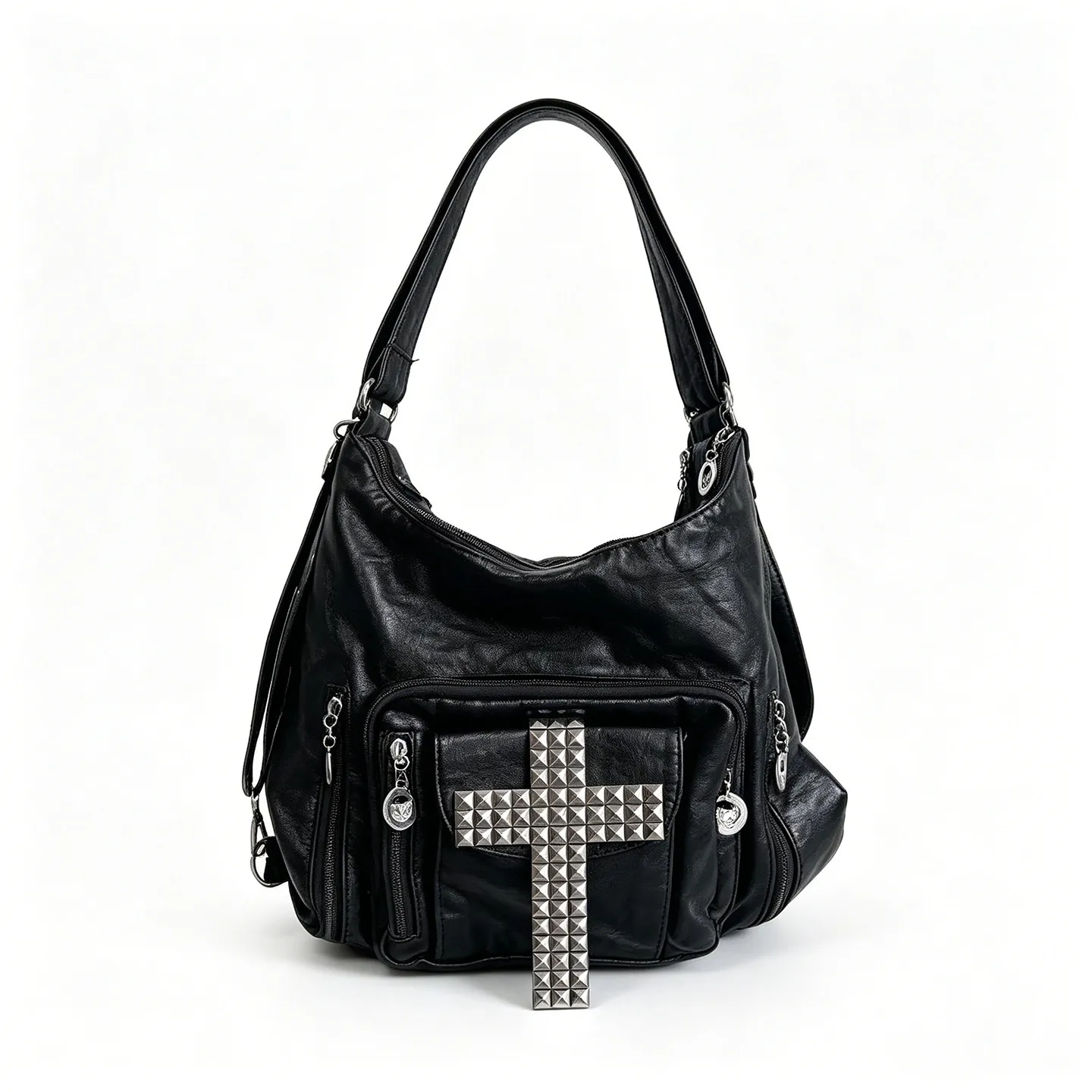 Punk Backpack Cross Tote Bag Black Rivet Locomotive Bag Spice Girl Street Commuter Shoulder Backpack