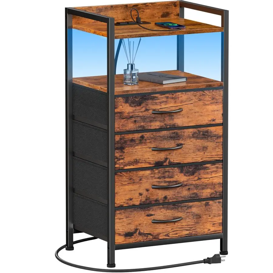 

Night Stand with Charging Station and Led Light, 4 Drawer Dresser for Bedroom, Small Nightstand Bedside Table, Fabric Bins, Met