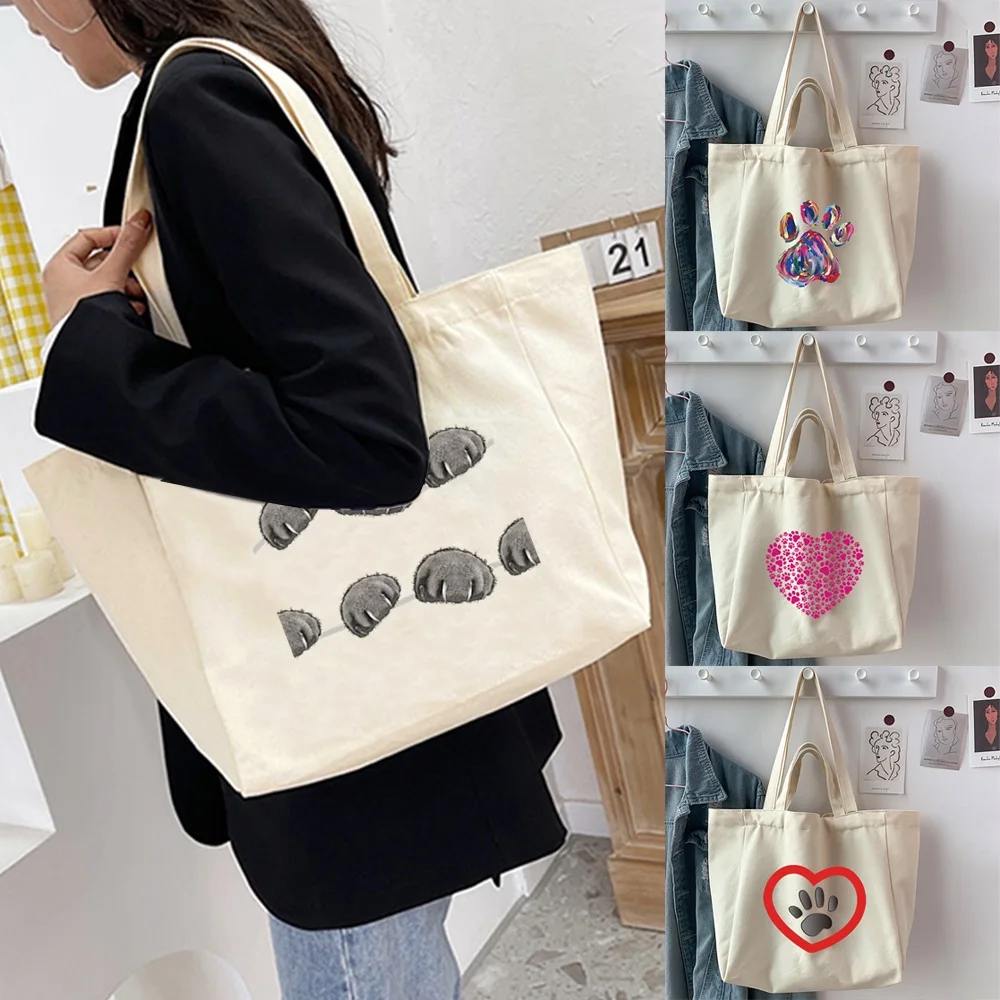Women Canvas Shopping Bag Dog Footprints Print Female Shoulder Bag Eco Handbag Tote Reusable Grocery Large-capacity Shopper Bags