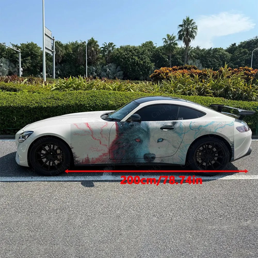 2pcs Wolf Red Blue Lightning Forest Car Side Wraps, Self-Adhesive PVC Waterproof & Scratch-Resistant Sticker, Car Accessory Gift