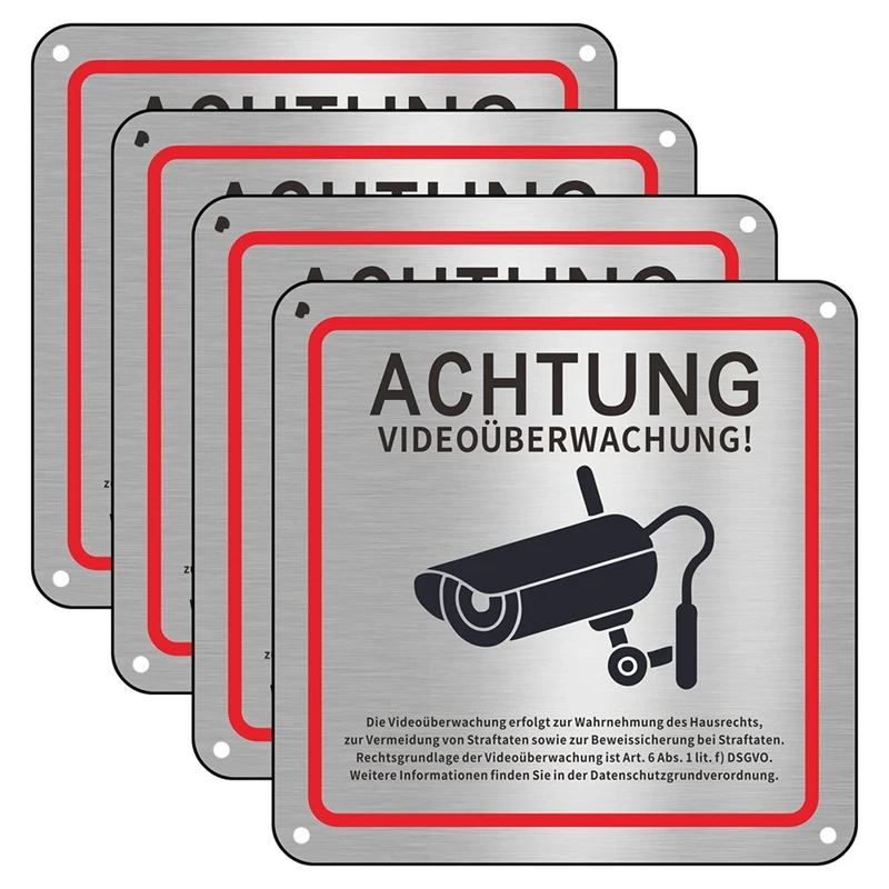 Video Surveillance Sign, Video Surveillance Private Property, 15 X 15 Cm Metal Warning Video Surveillance Sign 4Pack