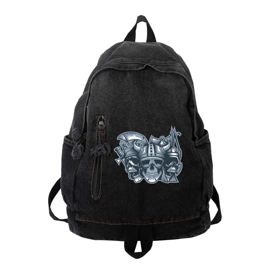 Washed Denim Korean Schoolbags Women Man Unisex Students Vintage Trendy Backpacks Cartoon Funny Skull Pattern Printed Backpack